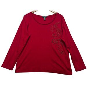 Lauren Ralph Lauren Womens Long Sleeve Top Sz 2X Heritage Red Embroidery Paisley